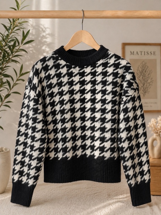 H&M Sweaters - Black & White Houndstooth Crewneck Sweater - Women's Sweater